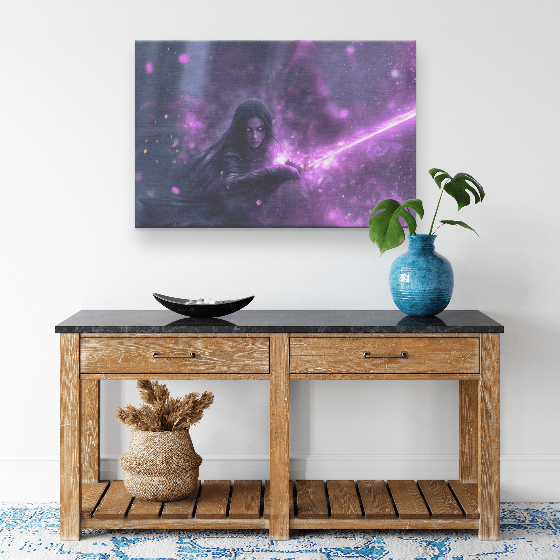 Female Night Elf Paladin Wielding Glowing Warhammer Shimmering Mist Radiant Purple Highlights Canvas Wall Art - Awakening Righteousness