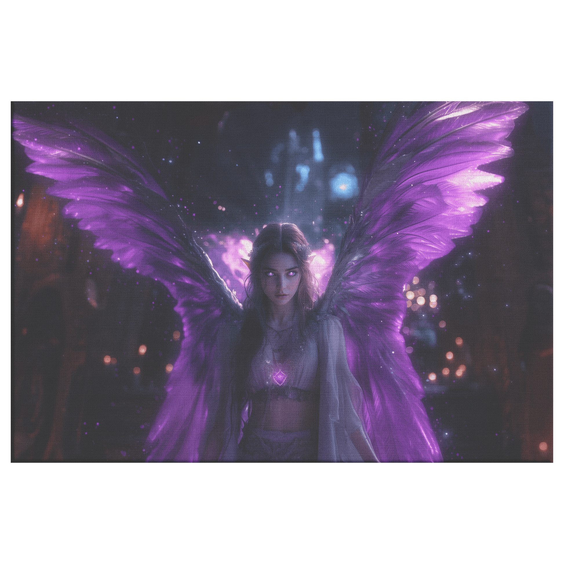 Female Night Elf Priest Glowing Silver Wings Blessing Spell Shimmering Textures Cascading Purple Highlights Canvas Wall Art - Awakening Righteousness