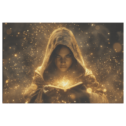 Female Night Elf Priest Summoning Protective Shield Shimmering Stars Radiant Golden Textures Canvas Wall Art - Awakening Righteousness