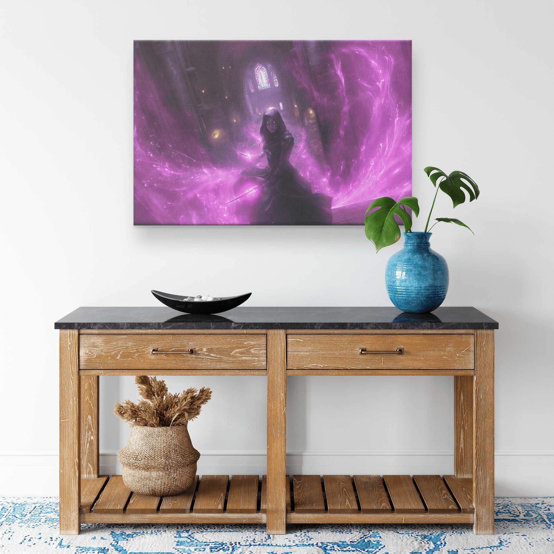 Female Night Elf Rogue Black Leather Armor Glowing Twin Daggers Purple Mist Cascading Silver Light Trails Canvas Wall Art - Awakening Righteousness