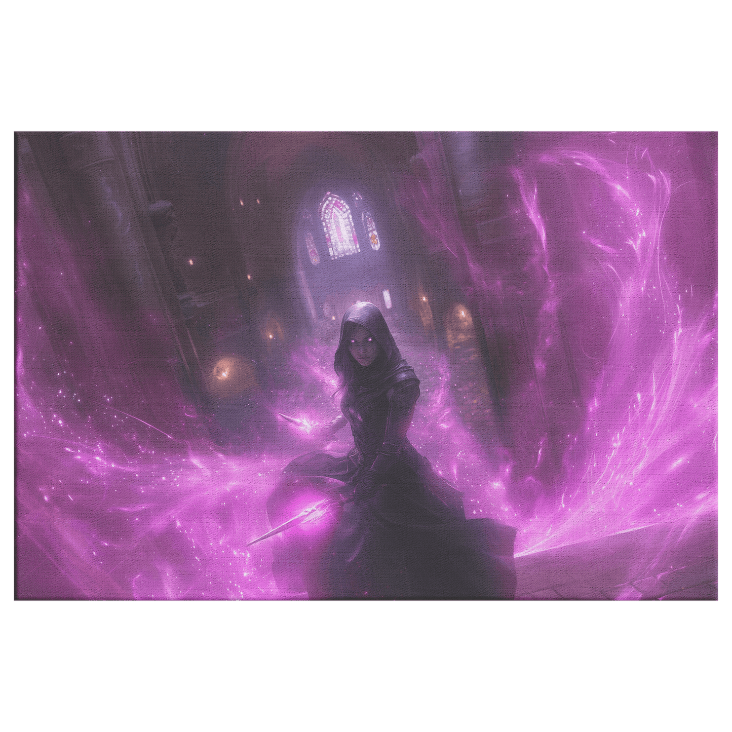 Female Night Elf Rogue Black Leather Armor Glowing Twin Daggers Purple Mist Cascading Silver Light Trails Canvas Wall Art - Awakening Righteousness