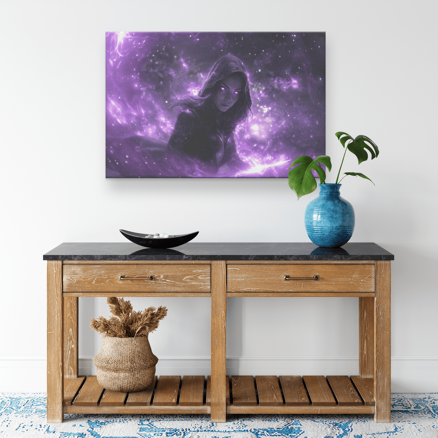 Female Night Elf Rogue Black Leather Armor Glowing Twin Daggers Shimmering Purple Mist Silver Light Canvas Wall Art - Awakening Righteousness