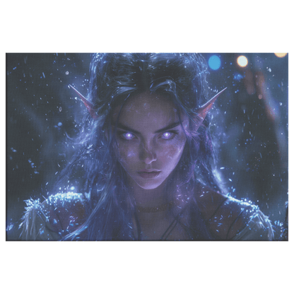 Female Night Elf Rogue Dark Crimson Armor Radiant Throwing Stars Shimmering Stars Cascading Purple Light Canvas Wall Art - Awakening Righteousness