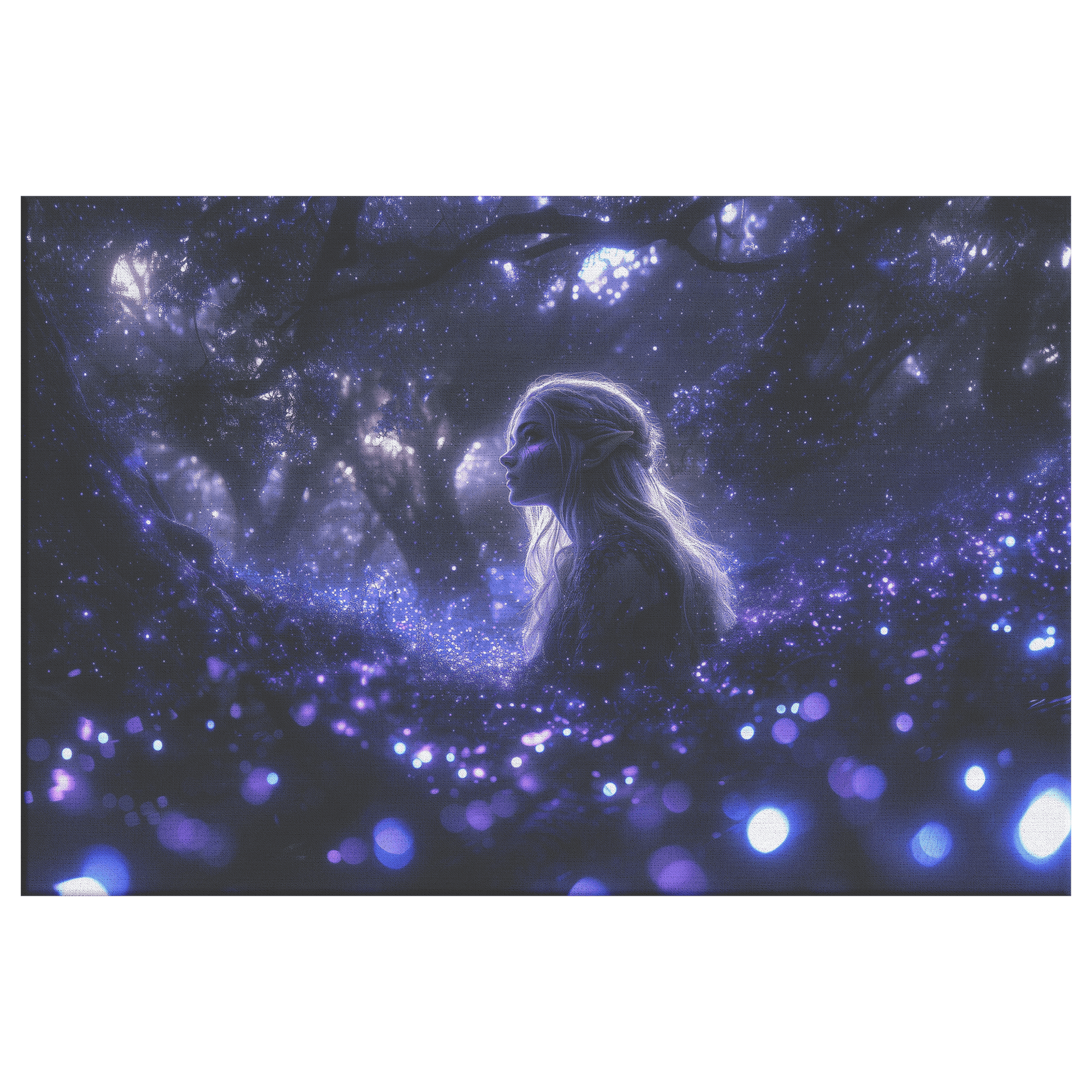Female Night Elf Rogue Standing in Glowing Forest Shimmering Stars Cascading Light Trails Canvas Wall Art - Awakening Righteousness