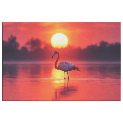 Flamingo Silhouetted Against Glowing Orange And Pink Sunrise Sky On Reflective Lagoon Canvas Wall Art Decor - Awakening Righteousness