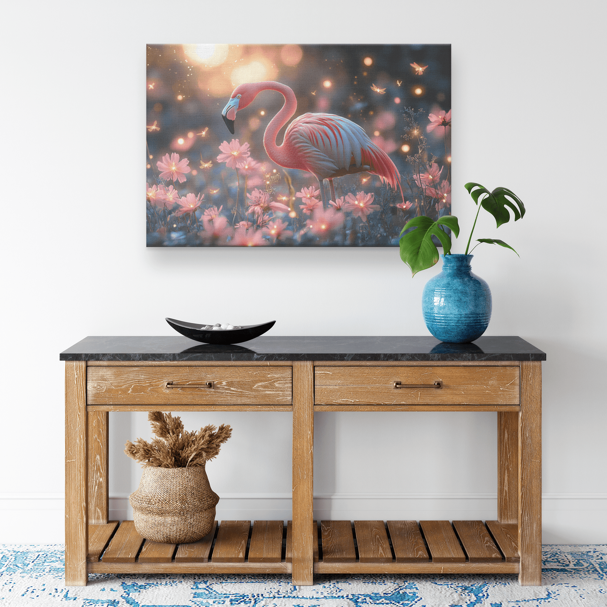 Flamingo Standing In Glowing Tropical Garden With Shimmering Plants And Ethereal Golden Light Canvas Wall Art Decor - Awakening Righteousness