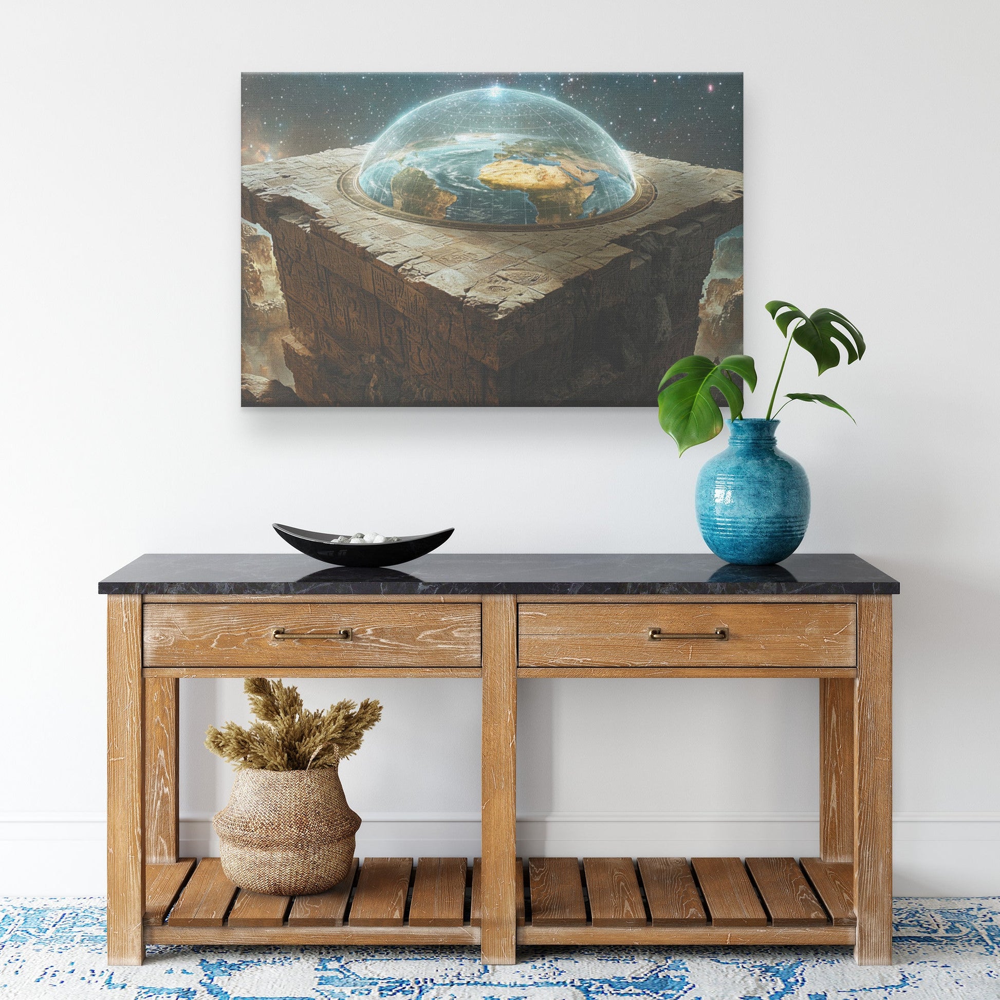 Flat Earth with Firmament on Hieroglyphic Stone Bricks Starry Cosmos Wall Art - Awakening Righteousness