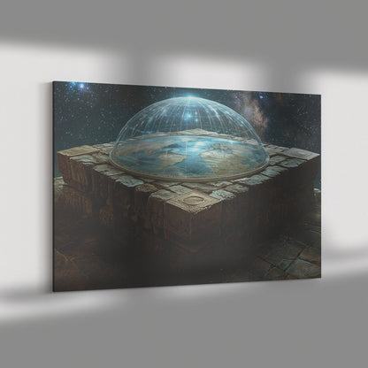 Flat Earth with Firmament on Stone Bricks with Hieroglyph Carvings in Starry Cosmos Canvas Wall Art Decor - Awakening Righteousness