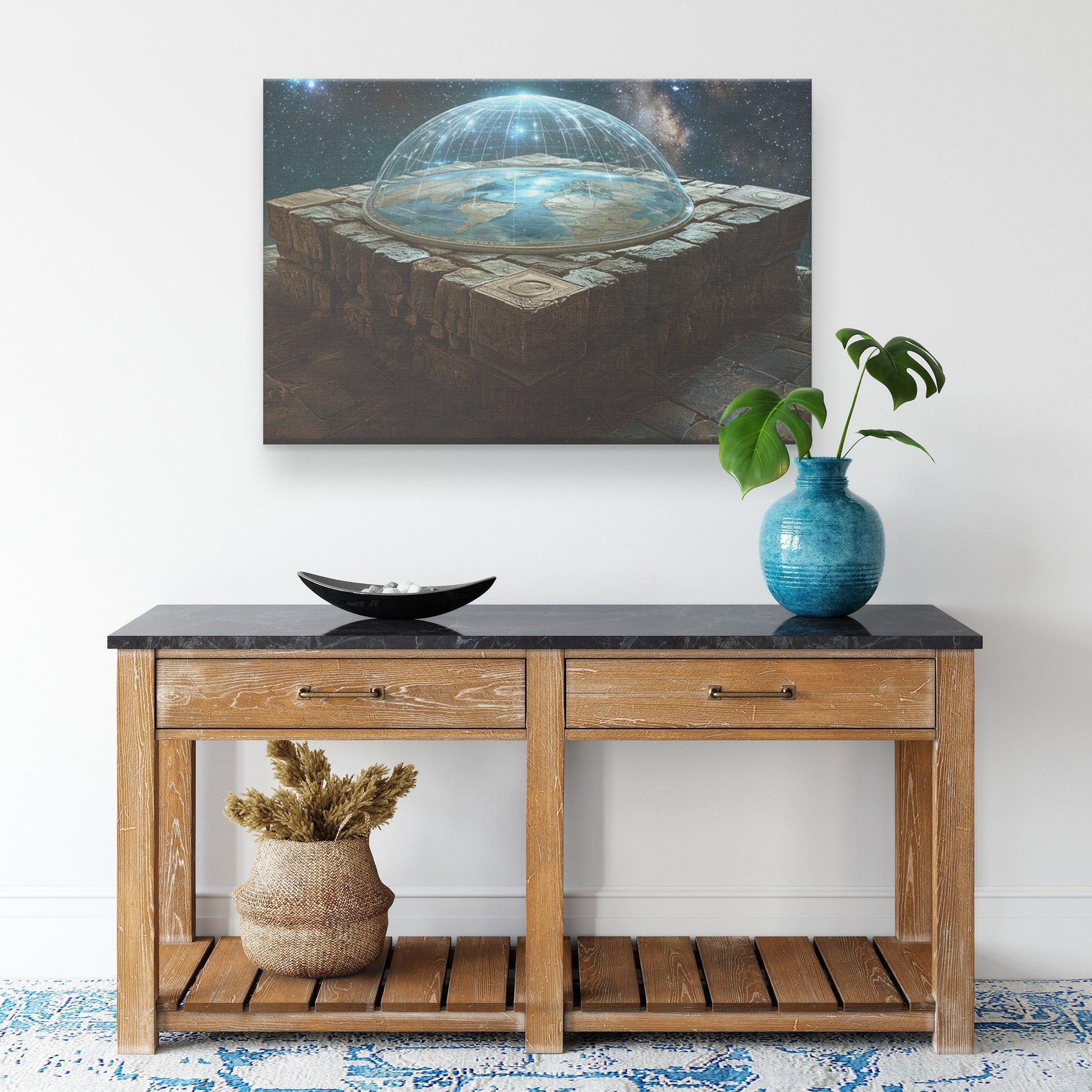 Flat Earth with Firmament on Stone Bricks with Hieroglyph Carvings in Starry Cosmos Canvas Wall Art Decor - Awakening Righteousness