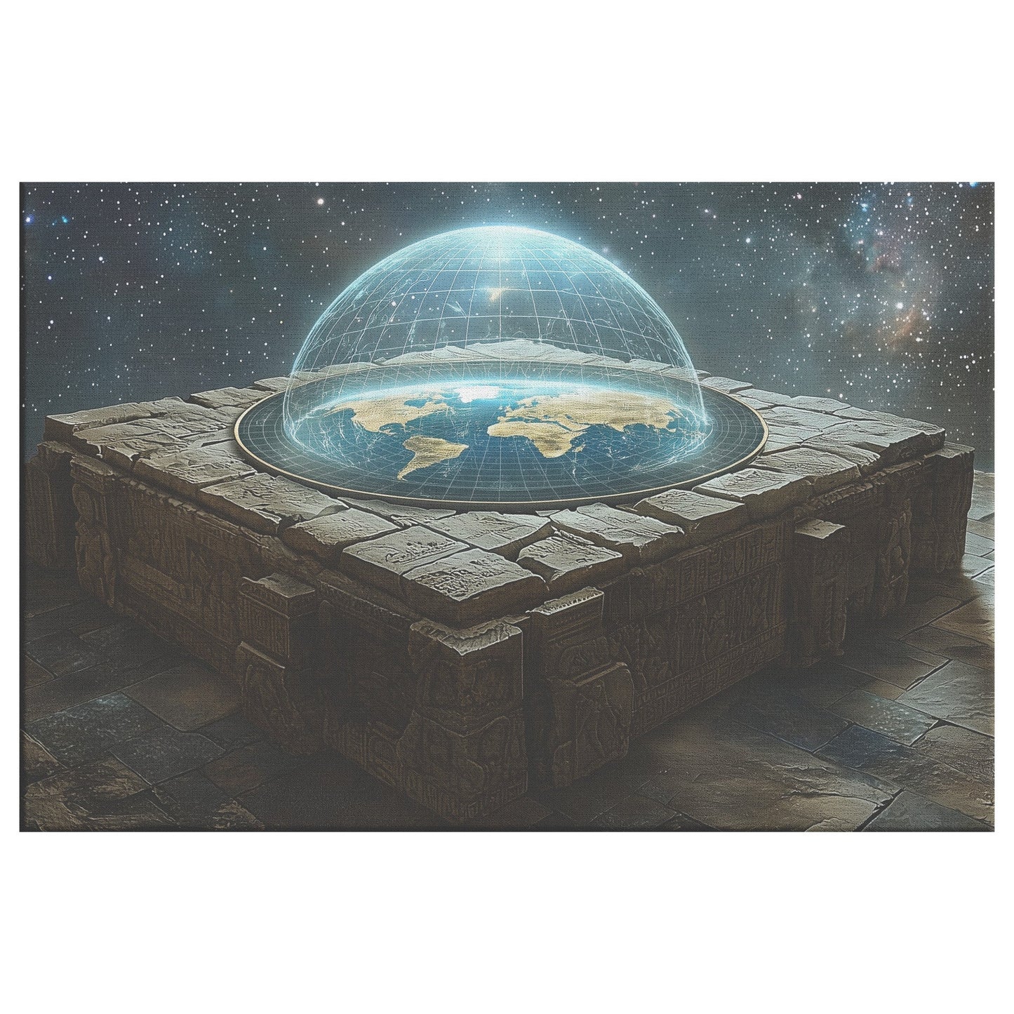 Flat Earth with Firmament on Stone Bricks with Hieroglyph Carvings Starry Cosmos Canvas Wall Art Decor - Awakening Righteousness