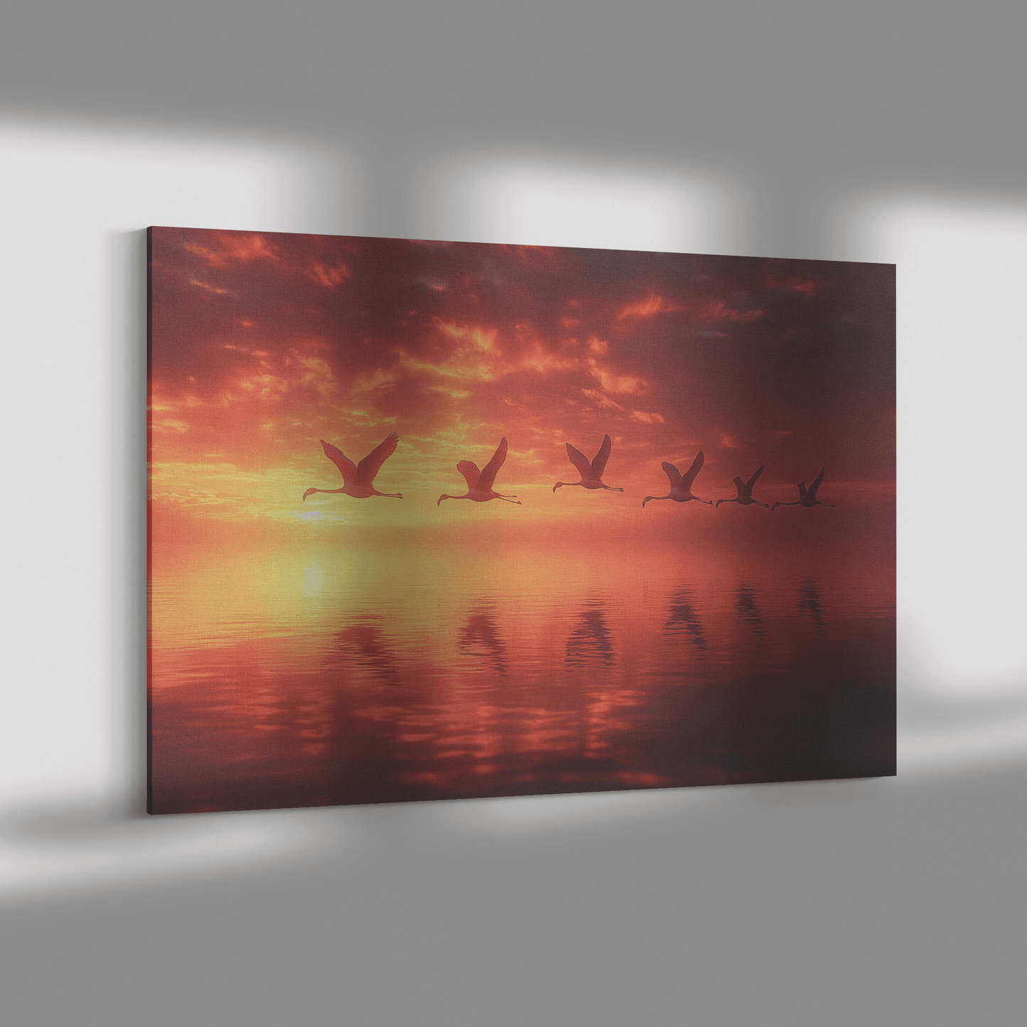 Flock Of Flamingos Flying Over Glowing Sunset Lake With Golden And Pink Reflections Canvas Wall Art Decor - Awakening Righteousness