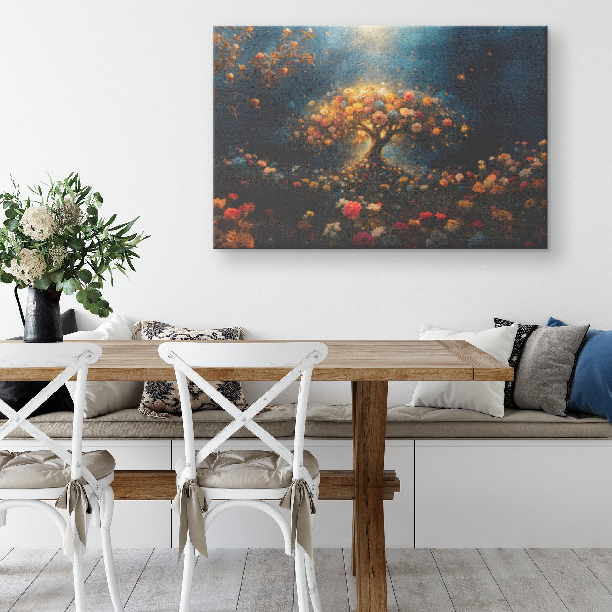 Floral Tree of Life Canvas Wall Art Vibrant Blooming Roses in Mystical Night Landscape for Christian Home Decor - Awakening Righteousness