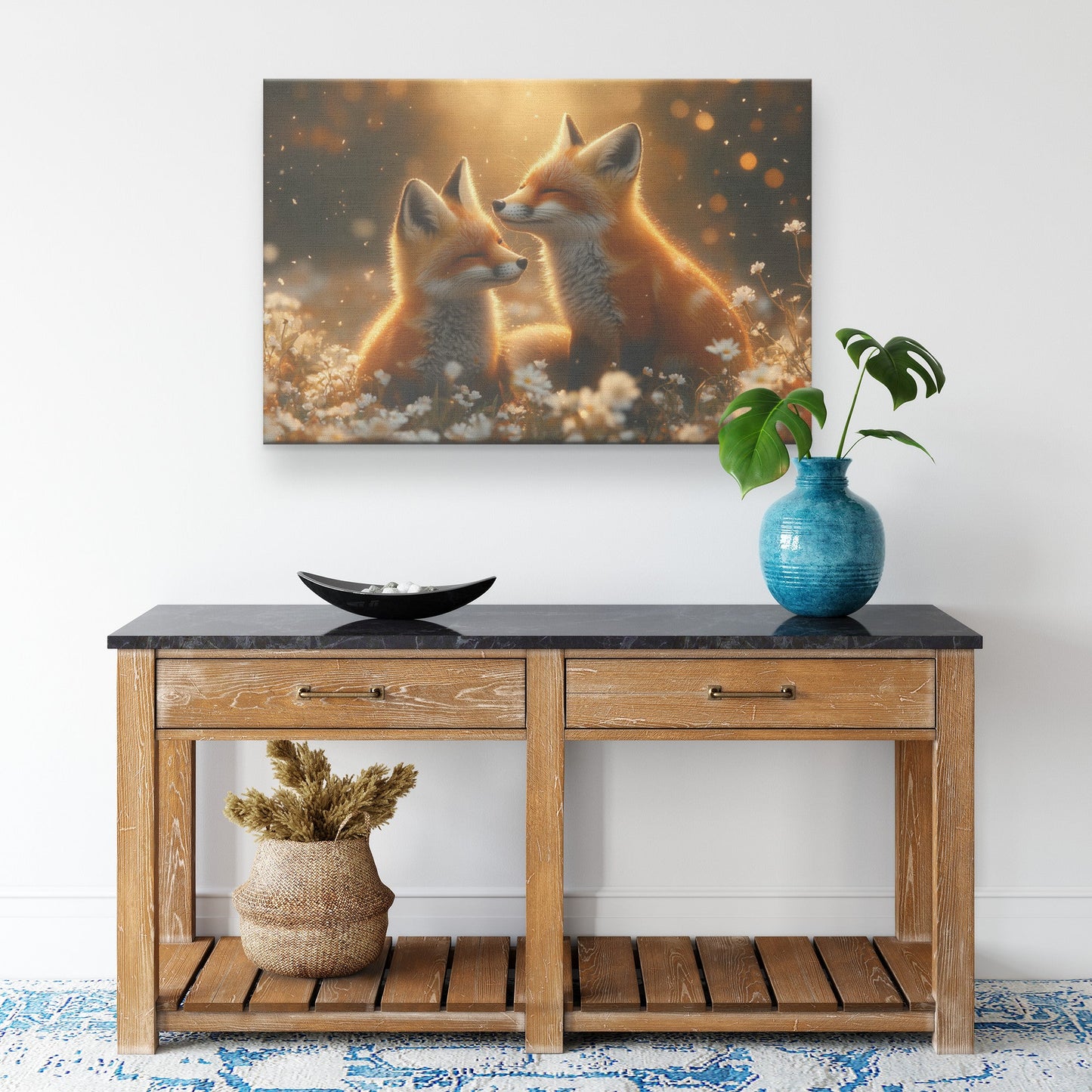 Fox Pair Playing in Blooming Flower Meadow Glowing Sunlight Joyful Peaceful Canvas Wall Art Decor for Home or Office Use - Awakening Righteousness