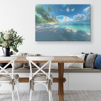 Full Arch Rainbow Over Tropical Beach Turquoise Water White Sand Lush Palms Radiant Sunlight Canvas Wall Art - Awakening Righteousness