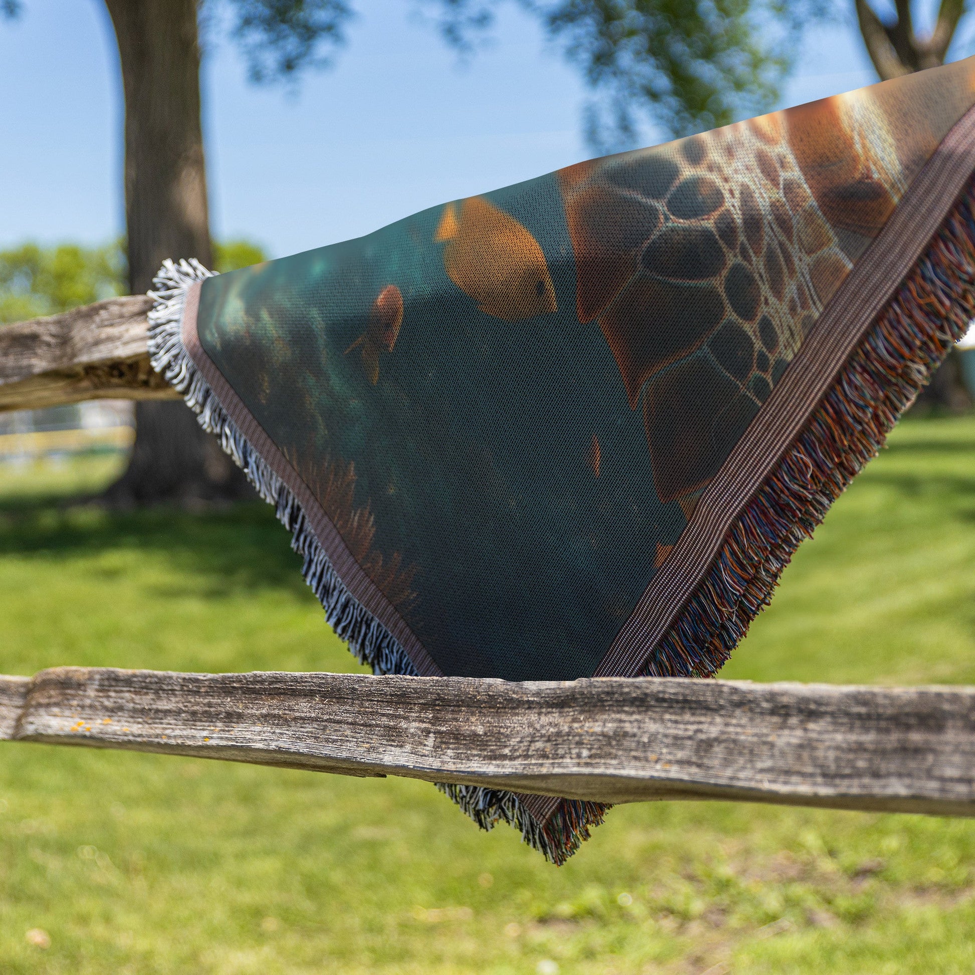 Giant Sea Turtle Swimming Near Glowing Coral Reef Woven Throw Blanket with Shimmering Fish and Golden Sunlight - Awakening Righteousness