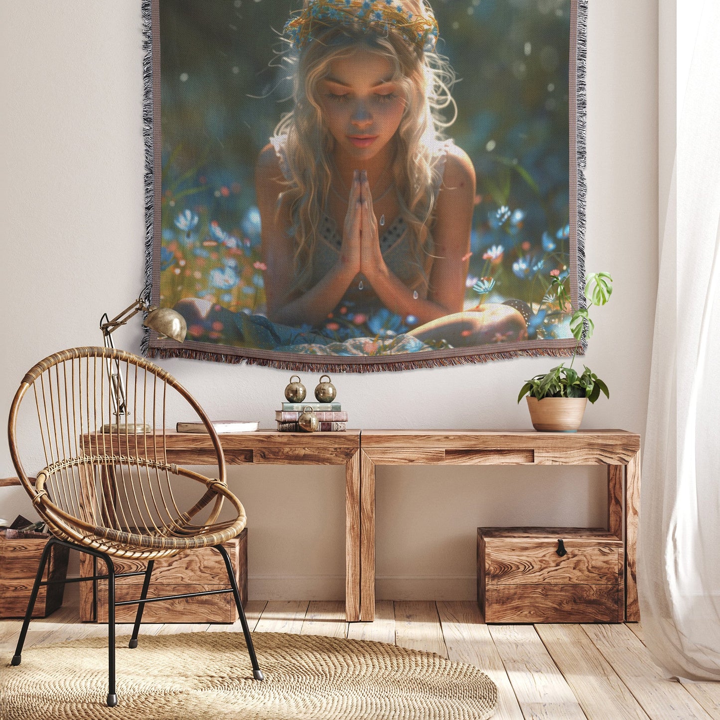 Girl Praying in Floral Meadow Woven Throw Blanket - Awakening Righteousness