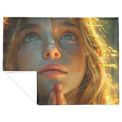 Girl Praying with Glittering Hands and Glowing Golden Background Cozy Christian Fleece Sherpa Blanket - Awakening Righteousness