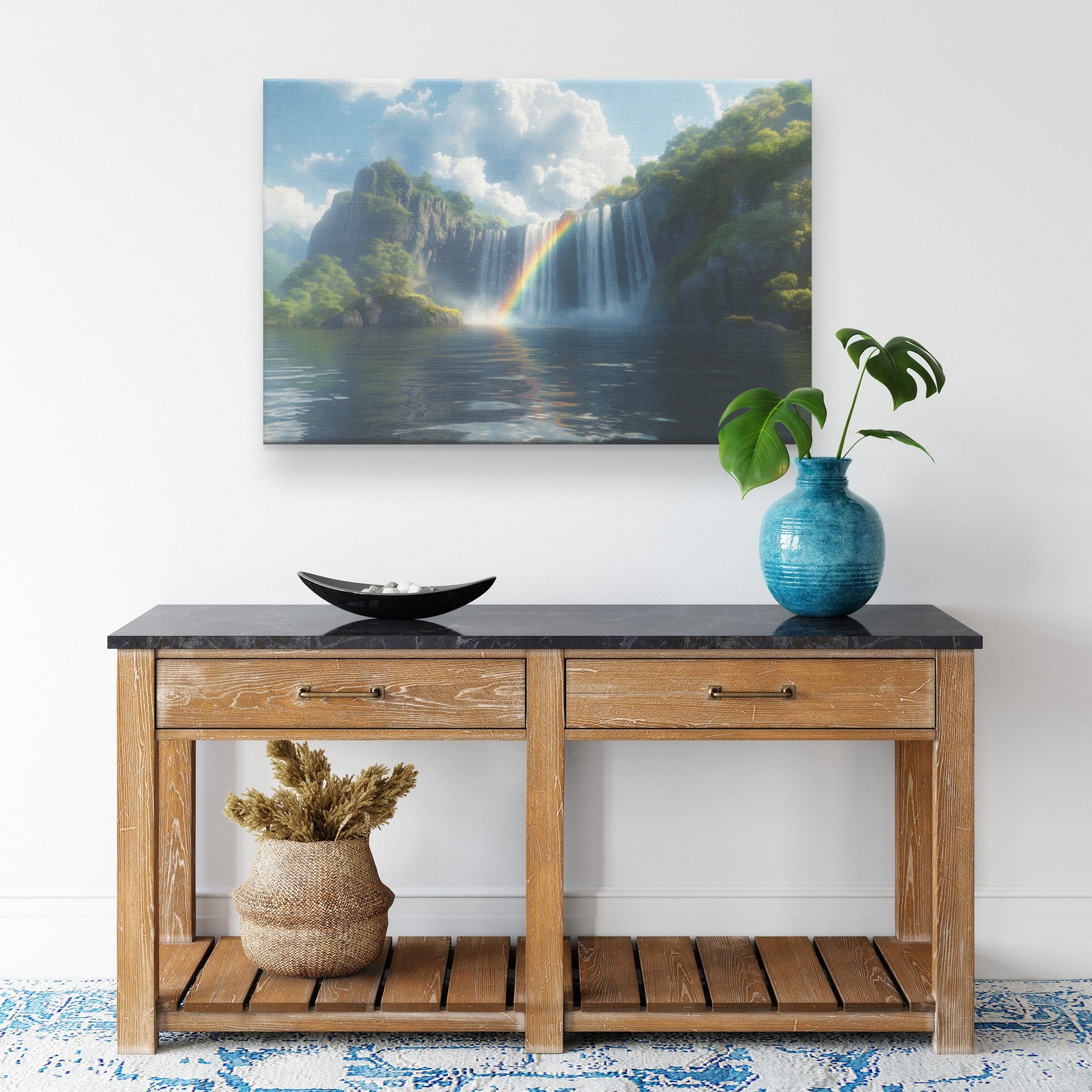 Glorious Double Rainbow Over Majestic Waterfall Lush Green Cliffs Sparkling Sunlight Scenic Canvas Wall Art Decor - Awakening Righteousness