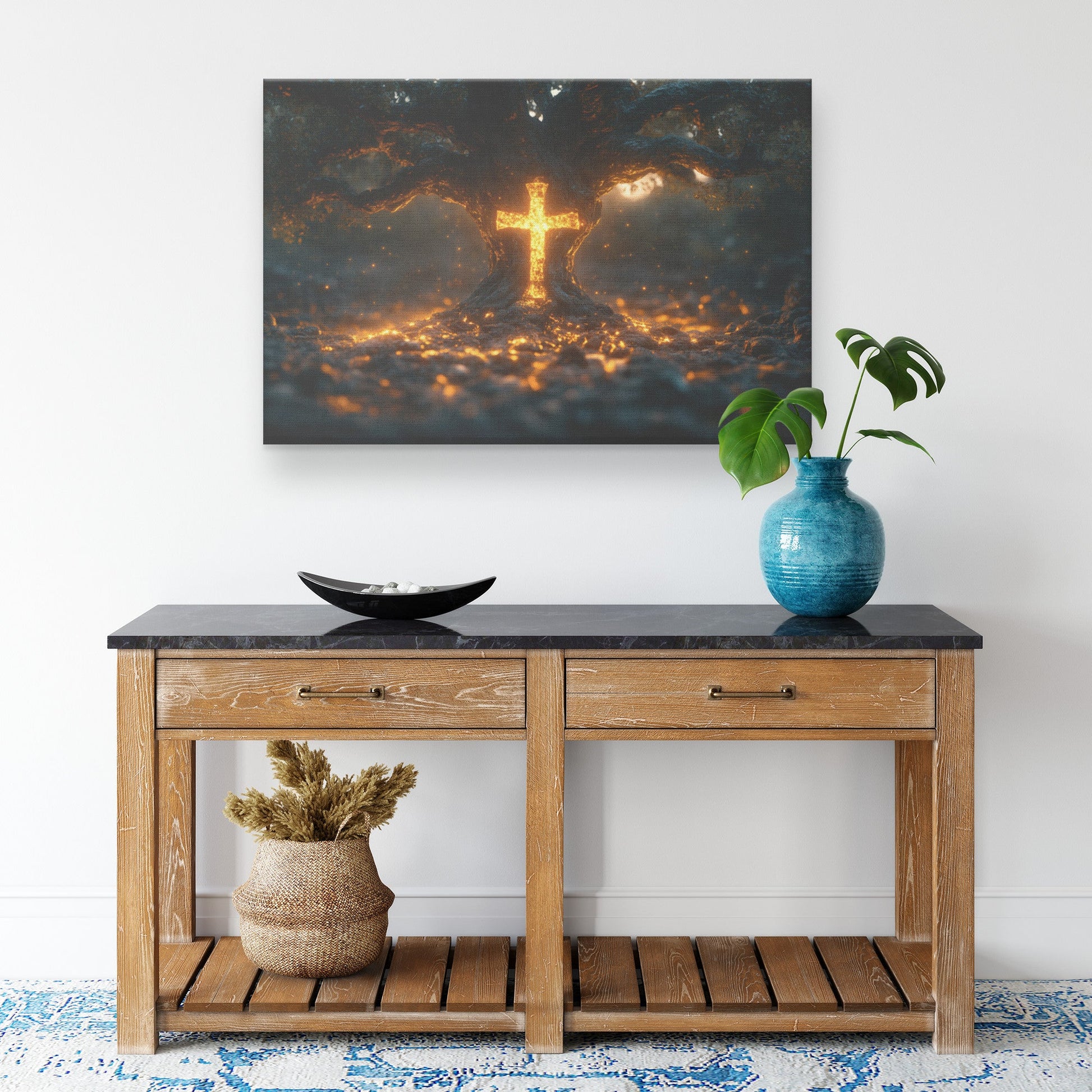Glowing Cross Within Tree of Life Christian Canvas Wall Art Decor for Faith and Spiritual Reflection - Awakening Righteousness