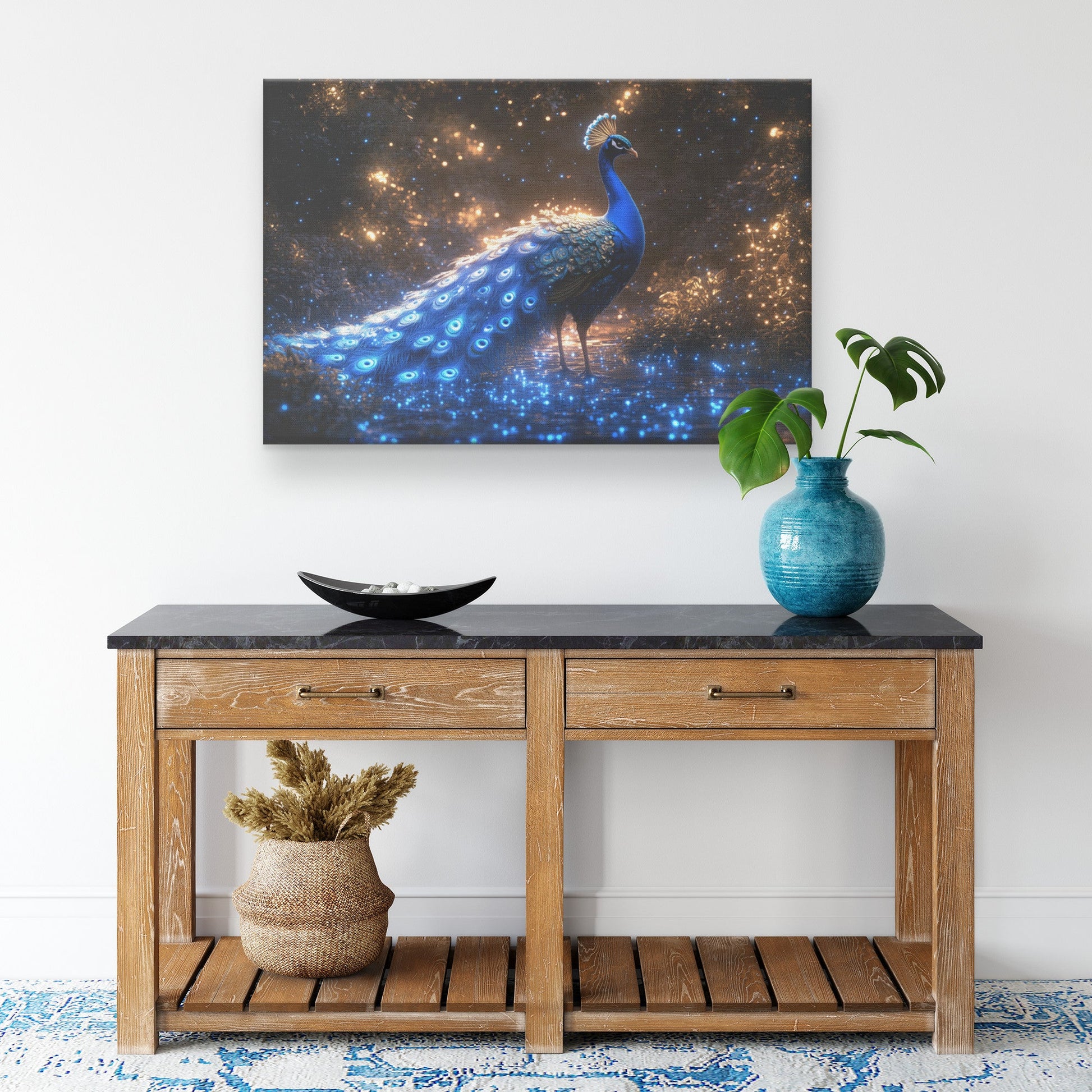 Glowing Peacock in Bioluminescent Forest Surrounded by Shimmering Plants and Ethereal Blue Light Canvas Wall Art - Awakening Righteousness