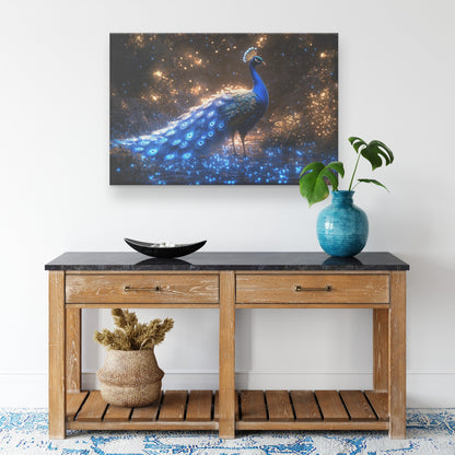 Glowing Peacock in Bioluminescent Forest Surrounded by Shimmering Plants and Ethereal Blue Light Canvas Wall Art - Awakening Righteousness