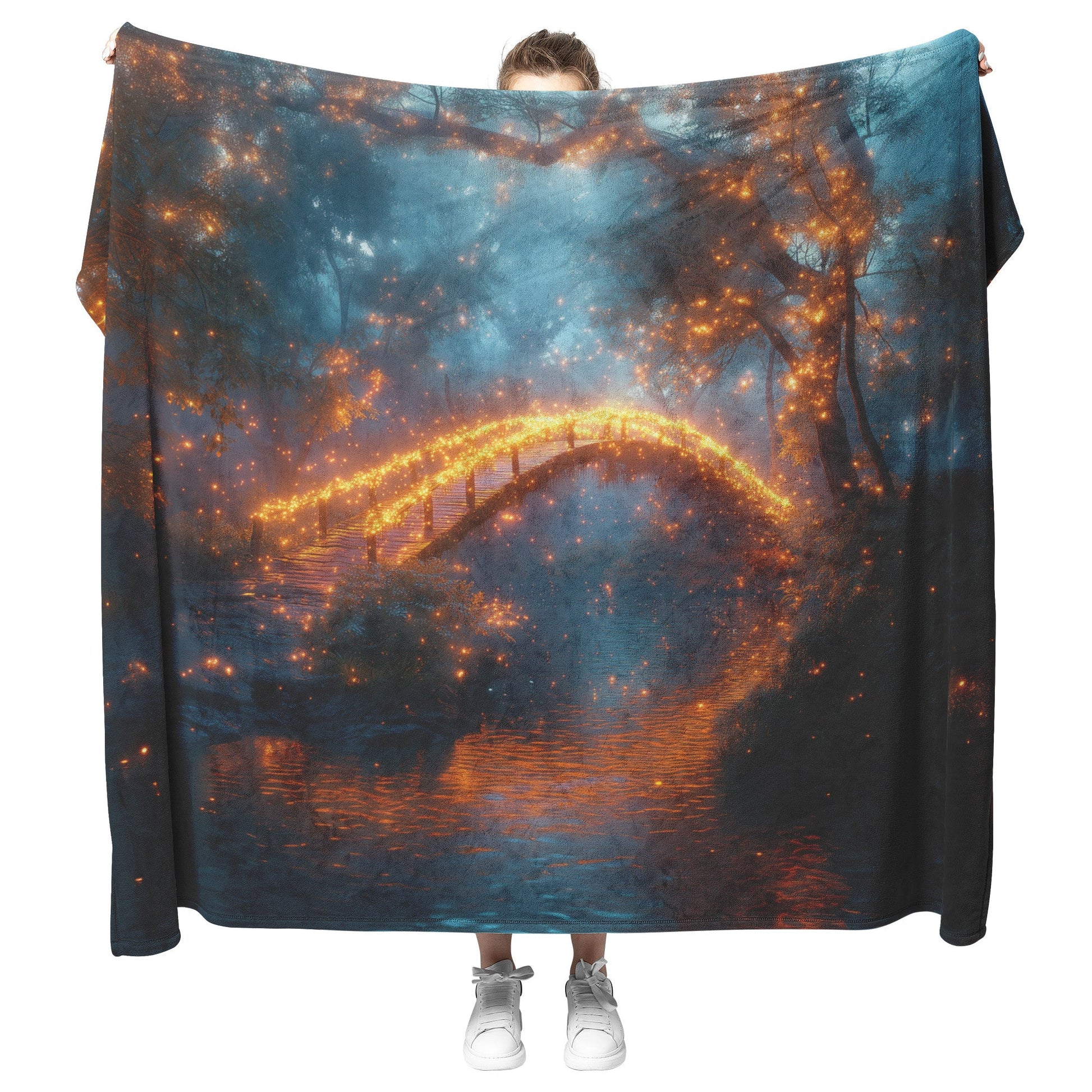 Glowing Rainbow Bridge Over Mystical Forest Vibrant Trees Sparkling Light Mist Enchanted Golden Light Fleece Sherpa Blanket - Awakening Righteousness
