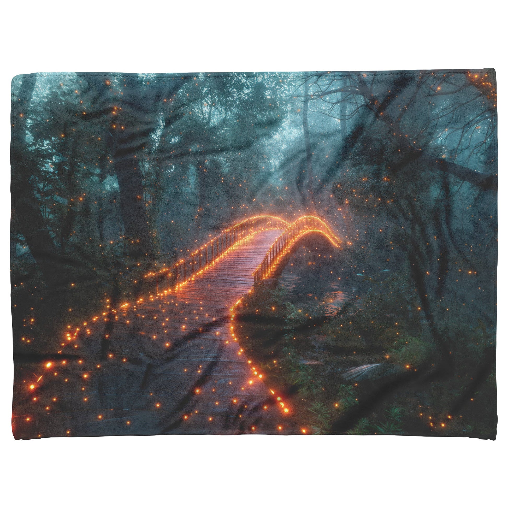 Glowing Rainbow Bridge Over Mystical Forest Vibrant Trees Sparkling Light Mist Enchanted Golden Light Fleece Sherpa Blanket - Awakening Righteousness