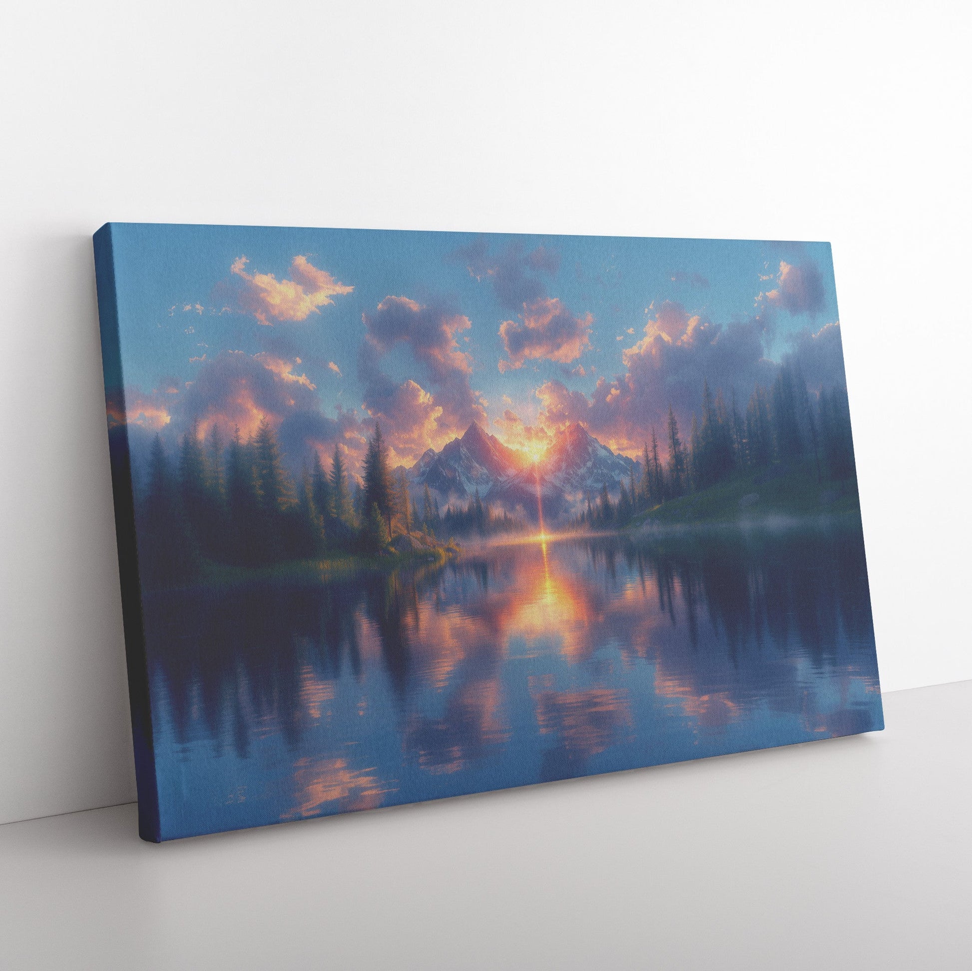 Glowing Rainbow Reflected in Mountain Lake Snowy Peaks Misty Clouds Golden Light Scenic Canvas Wall Art Decor - Awakening Righteousness