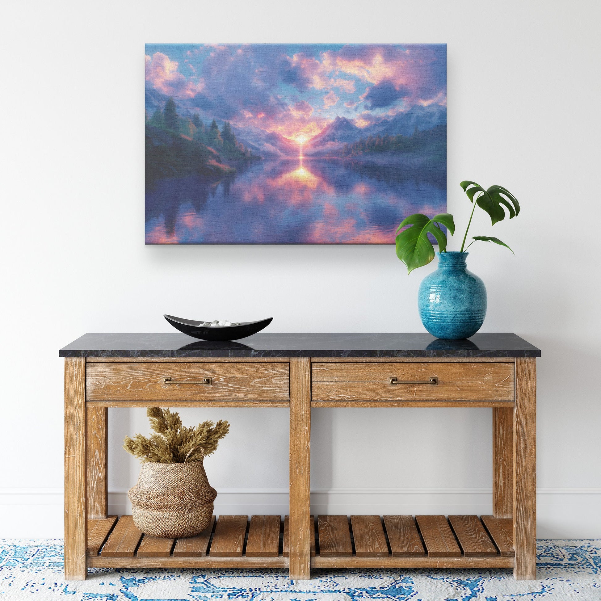 Glowing Rainbow Reflecting in Serene Mountain Lake Snowy Peaks Misty Clouds Golden Light Canvas Wall Art - Awakening Righteousness