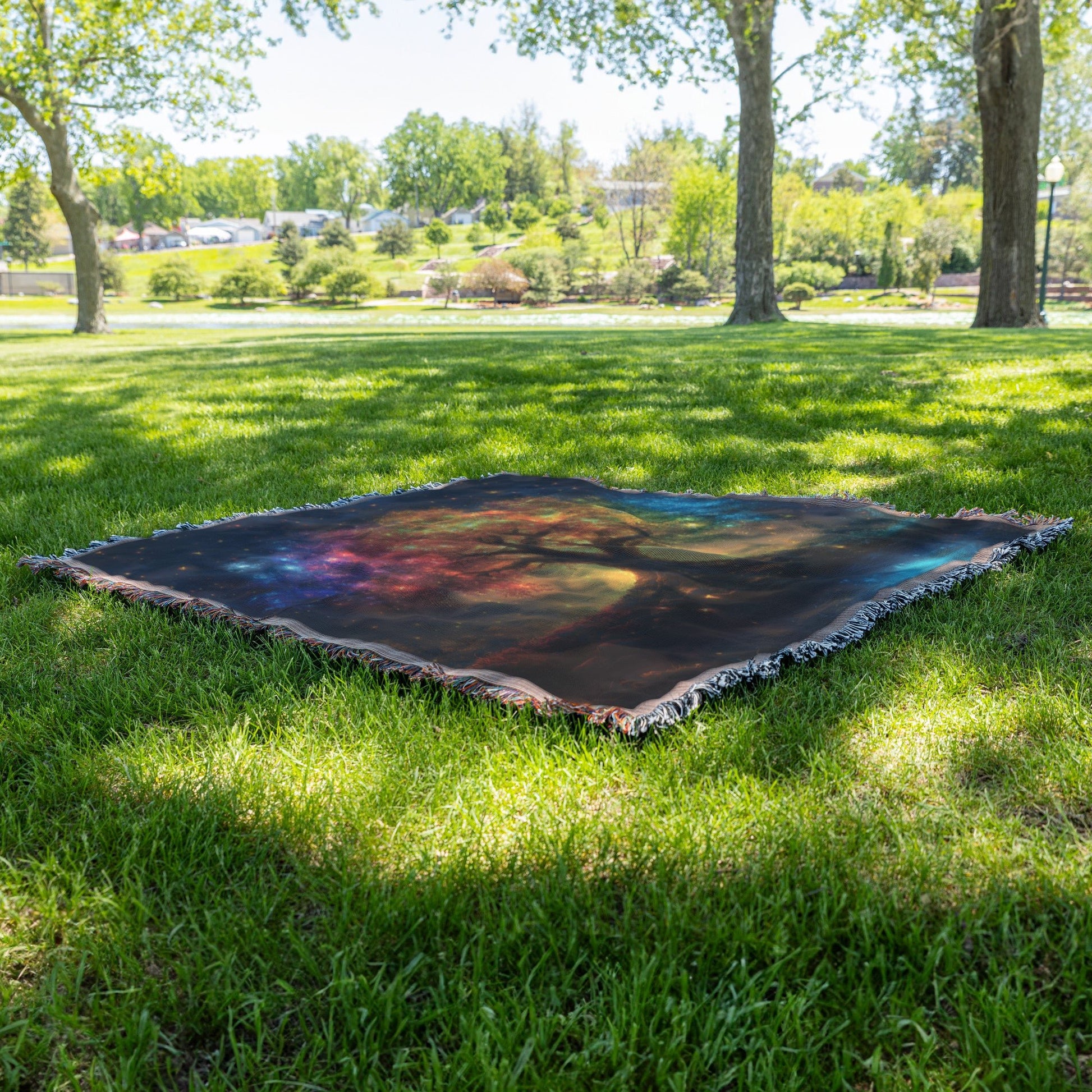Glowing Rainbow Tree of Life Surrounded by Stars and Reflecting Pond Woven Throw Blanket for Home Decor - Awakening Righteousness