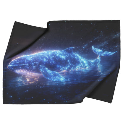 Glowing Whale Swimming Through Bioluminescent Ocean Starry Sky Soft Blue White Light Shimmering Fleece Sherpa Blanket - Awakening Righteousness