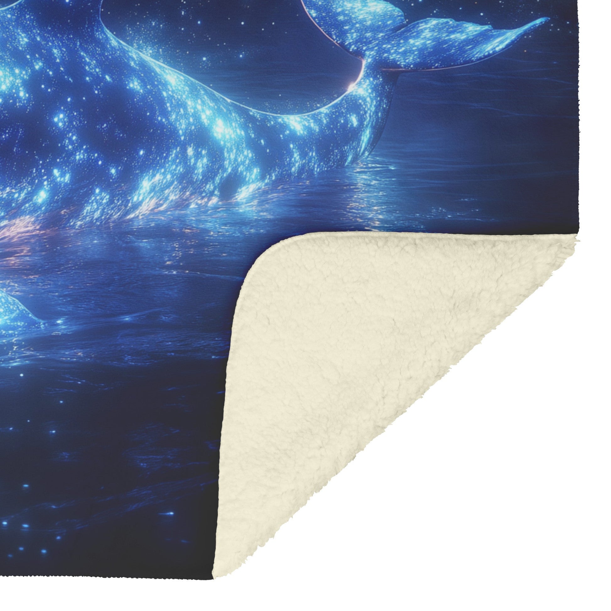 Glowing Whale Swimming Through Bioluminescent Ocean Starry Sky Soft Blue White Light Shimmering Fleece Sherpa Blanket - Awakening Righteousness
