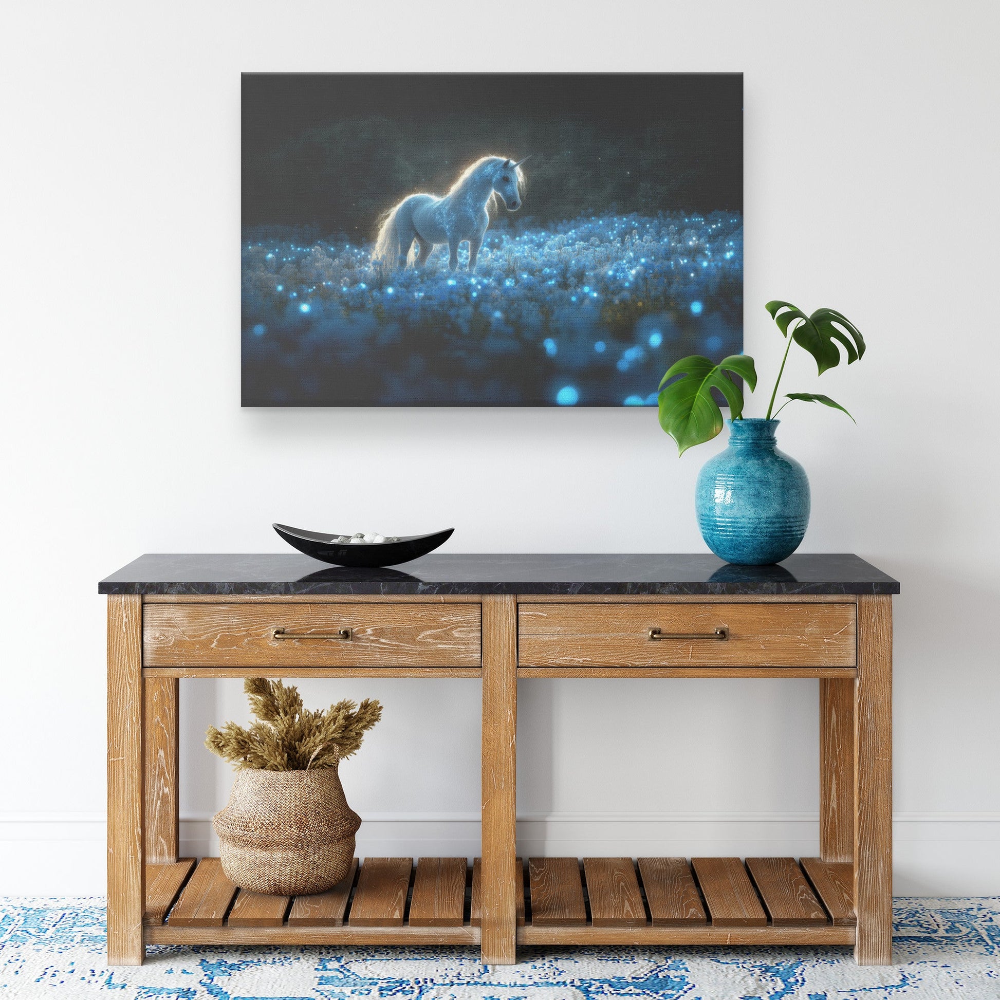 Glowing White Unicorn in Magical Forest Surrounded by Bioluminescent Plants and Ethereal Light Canvas Wall Art Decor - Awakening Righteousness