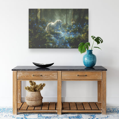 Glowing White Unicorn in Magical Forest Surrounded by Bioluminescent Plants and Ethereal Light Canvas Wall Art Decor - Awakening Righteousness