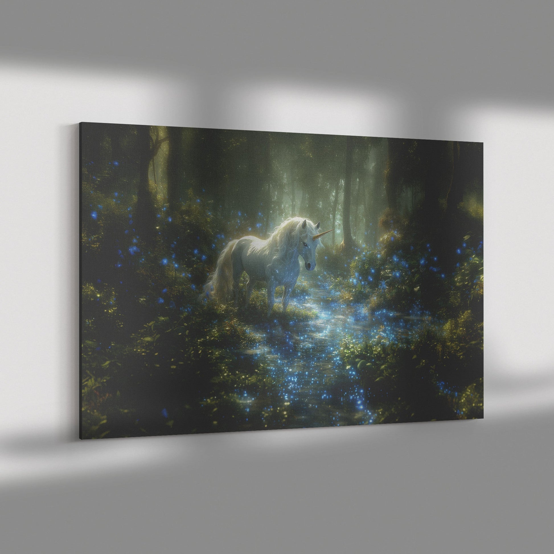 Glowing White Unicorn in Magical Forest Surrounded by Bioluminescent Plants and Ethereal Light Canvas Wall Art Decor - Awakening Righteousness