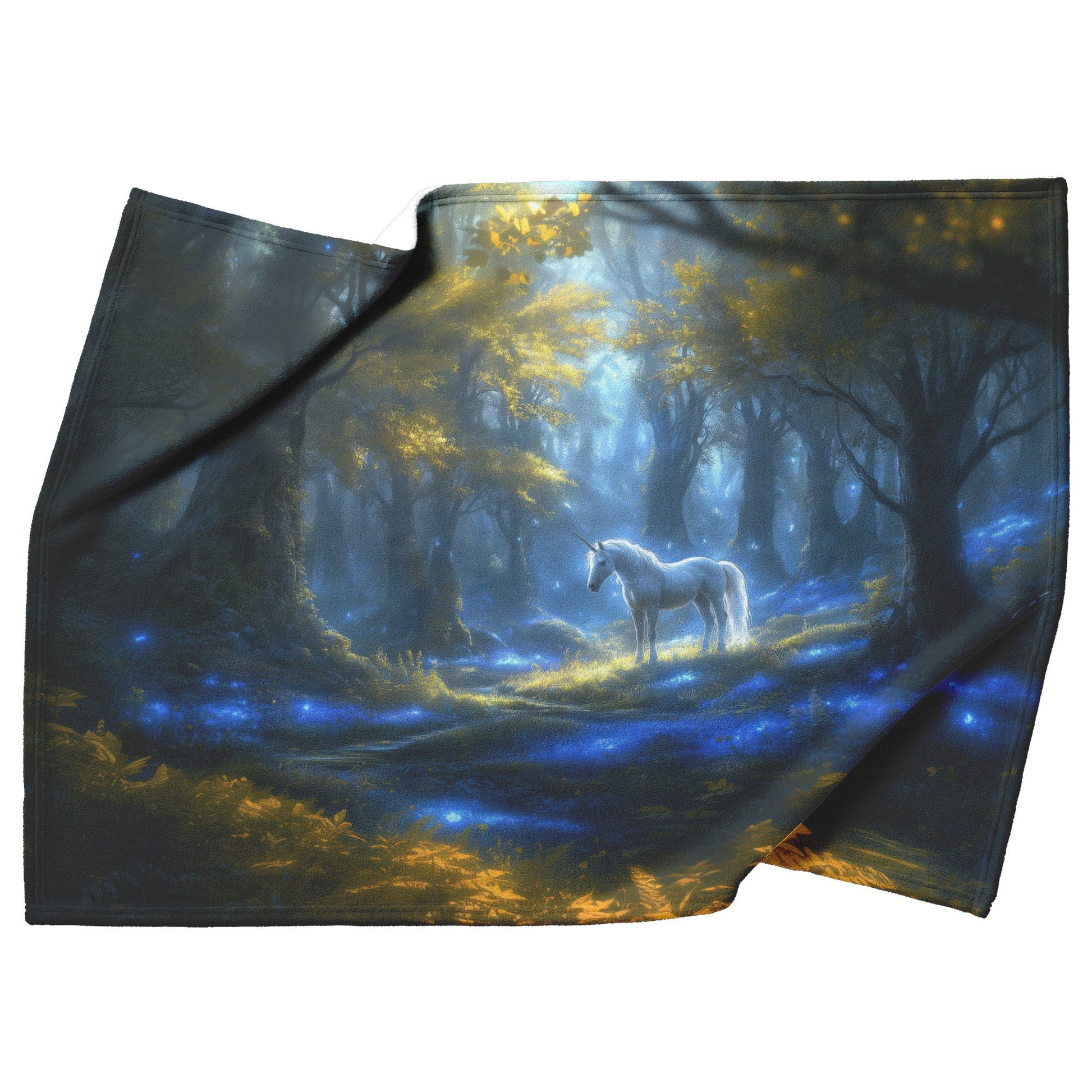 Glowing White Unicorn in Magical Forest Surrounded by Bioluminescent Plants and Ethereal Light Fleece Sherpa Blanket - Awakening Righteousness