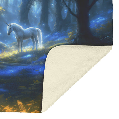 Glowing White Unicorn in Magical Forest Surrounded by Bioluminescent Plants and Ethereal Light Fleece Sherpa Blanket - Awakening Righteousness