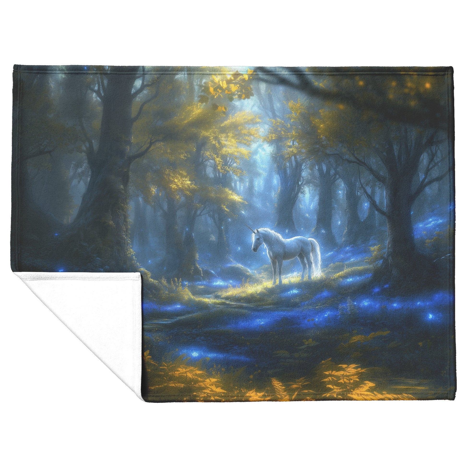 Glowing White Unicorn in Magical Forest Surrounded by Bioluminescent Plants and Ethereal Light Fleece Sherpa Blanket - Awakening Righteousness