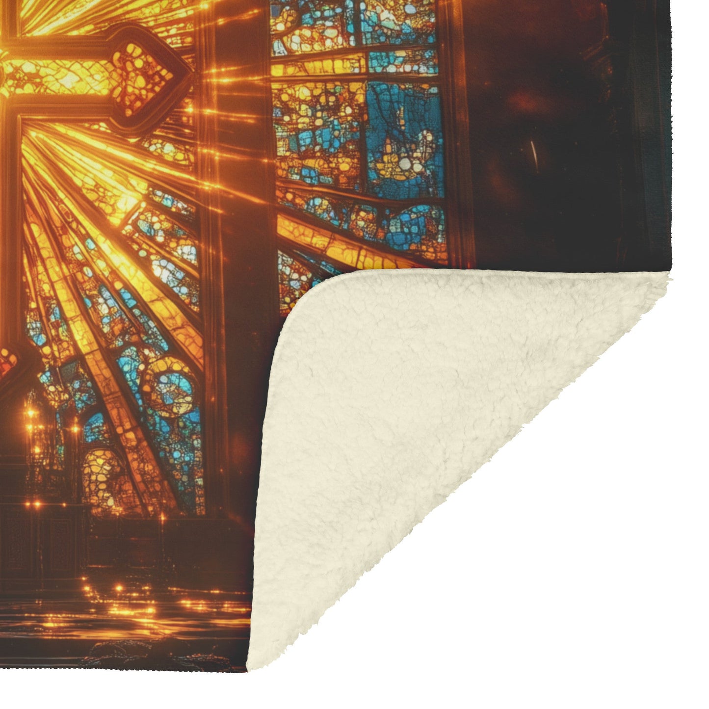 Golden Cross Stained Glass Fleece Sherpa Blanket Radiant Cathedral Design Christian Art Cozy Inspirational Gift - Awakening Righteousness