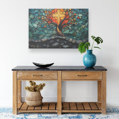 Golden Cross Tree of Life Stained Glass Style Christian Canvas Wall Art Spiritual Decor for Home or Church - Awakening Righteousness