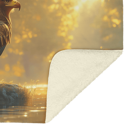 Golden Eagle Resting Near Glowing River Surrounded by Ancient Trees and Shimmering Golden Light Fleece Sherpa Blanket - Awakening Righteousness