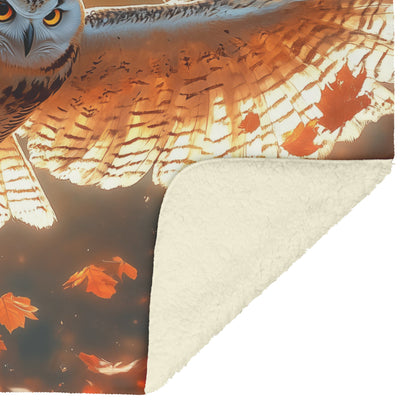 Golden Feathered Owl Flying Through Glowing Autumn Forest Warm Sunlight Fleece Sherpa Blanket - Awakening Righteousness