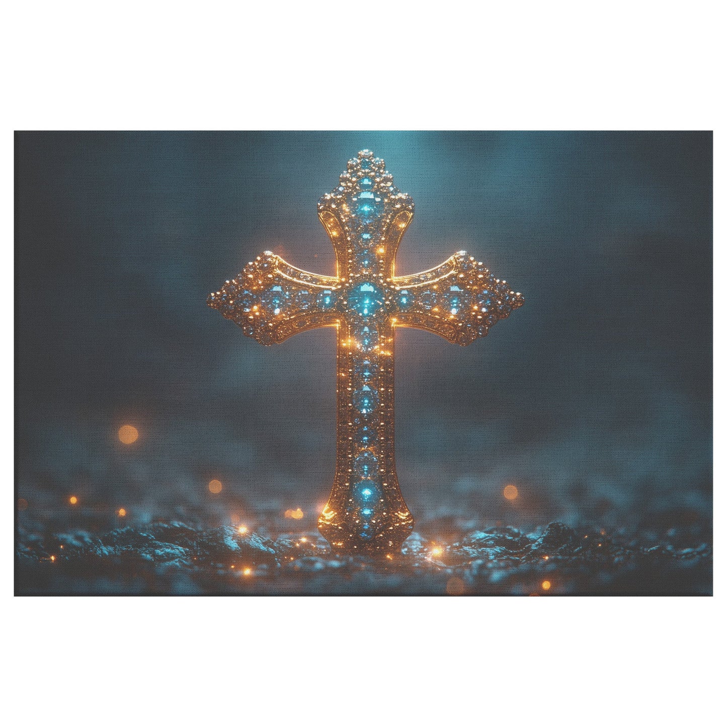 Golden Jeweled Cross Christian Canvas Wall Art Decor Sparkling with Radiance and Faithful Beauty - Awakening Righteousness