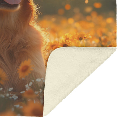 Golden Retriever Sitting Happily in Sunny Meadow with Wildflowers and Glowing Sunlight Fleece Sherpa Blanket - Awakening Righteousness