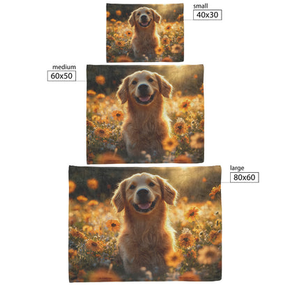 Golden Retriever Sitting Happily in Sunny Meadow with Wildflowers and Glowing Sunlight Fleece Sherpa Blanket - Awakening Righteousness