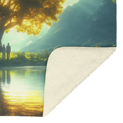 Golden Tree of Life by River with Adam and Eve Gazing in Awe Cozy Christian Fleece Sherpa Blanket - Awakening Righteousness