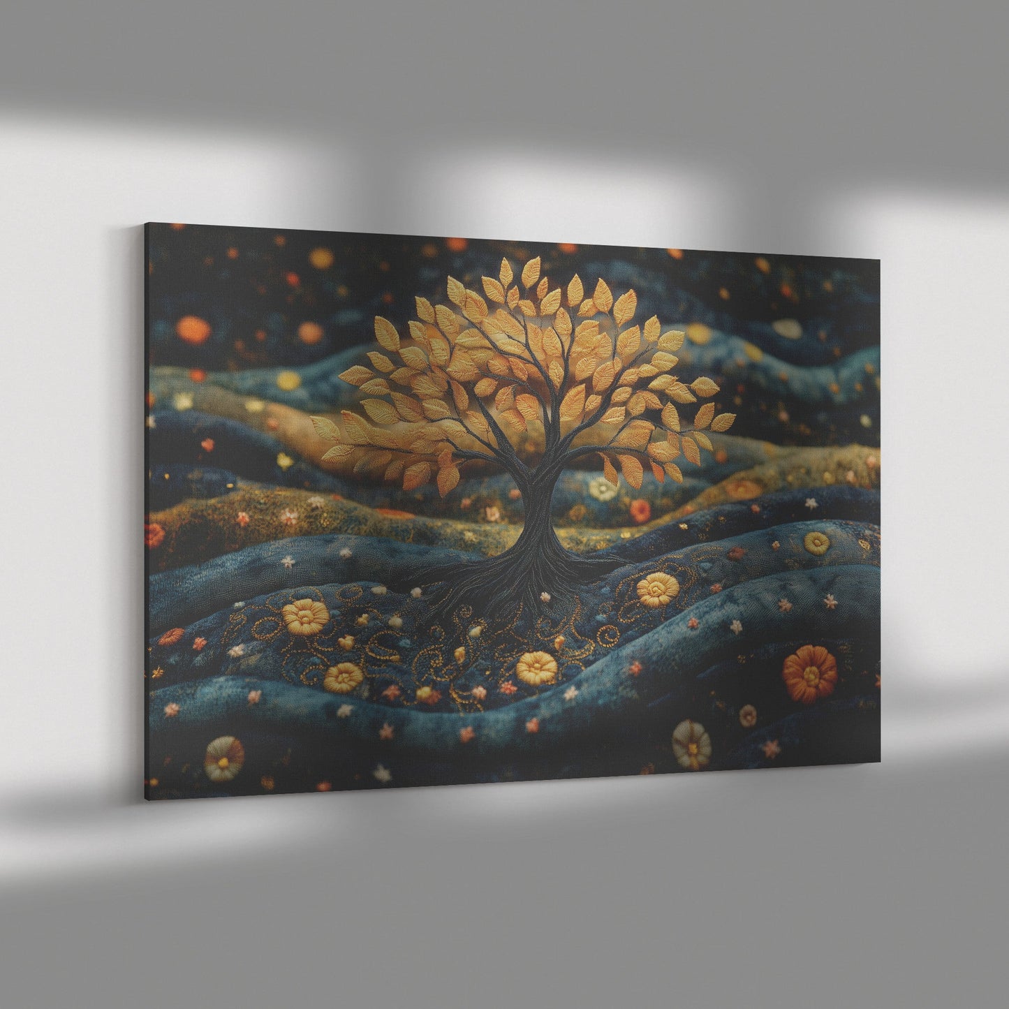 Golden Tree of Life Embroidered Christian Canvas Wall Art for Home Decor and Spiritual Inspiration - Awakening Righteousness