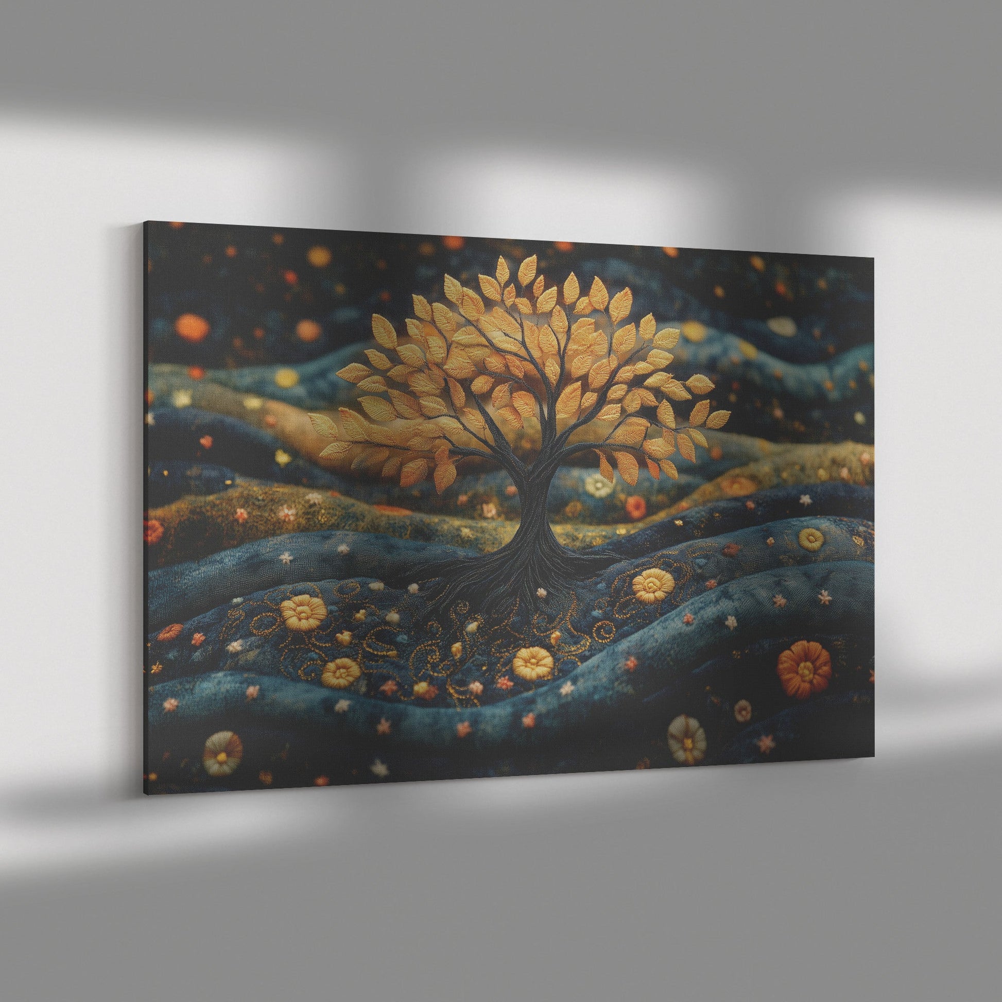 Golden Tree of Life Embroidered Christian Canvas Wall Art for Home Decor and Spiritual Inspiration - Awakening Righteousness