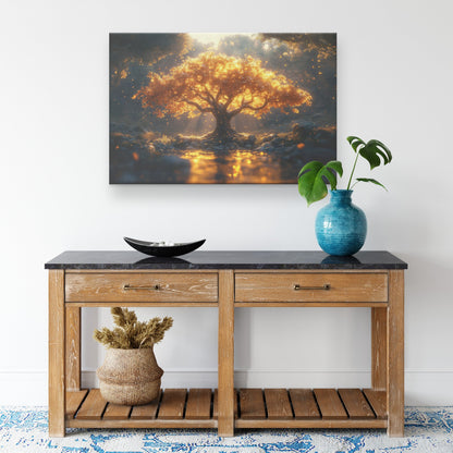 Golden Tree of Life Glowing with Light Surrounded by River and Dense Forest Canvas Wall Art Decor - Awakening Righteousness