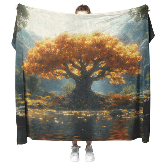 Golden Tree Reflection Fleece Sherpa Blanket Nature Inspired Tranquil Scenic Design - Awakening Righteousness